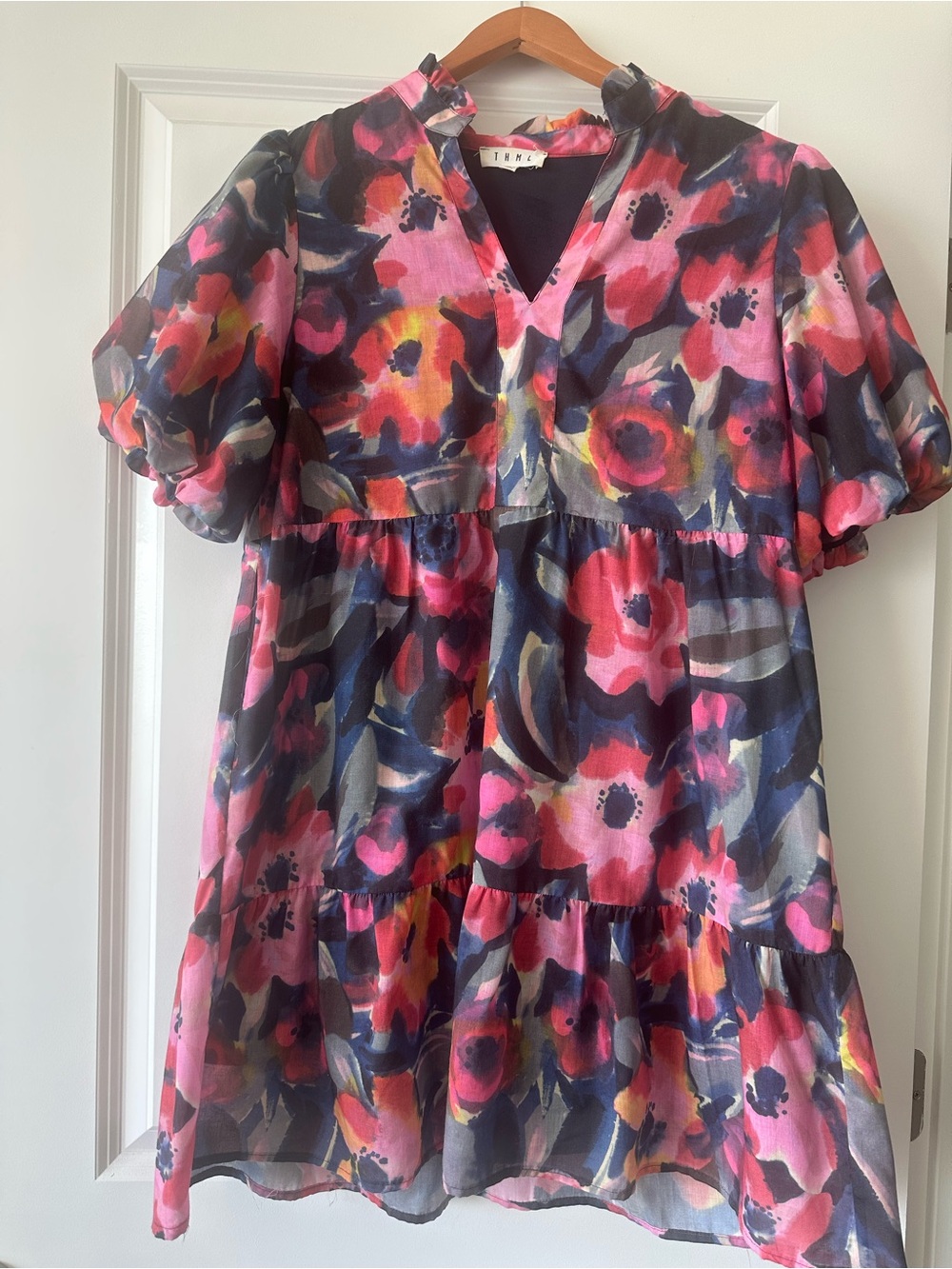 THML Pink, Navy & Yellow Floral Tiered Women’s Dress